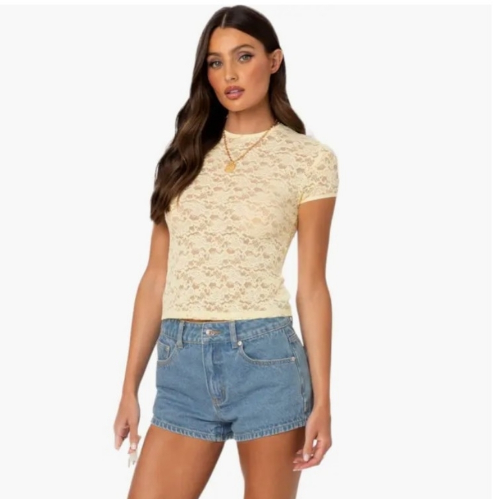 Edikted Kaori Ladies Sheer Floral Lace Short Sleeve T-shirt Yellow SZ L